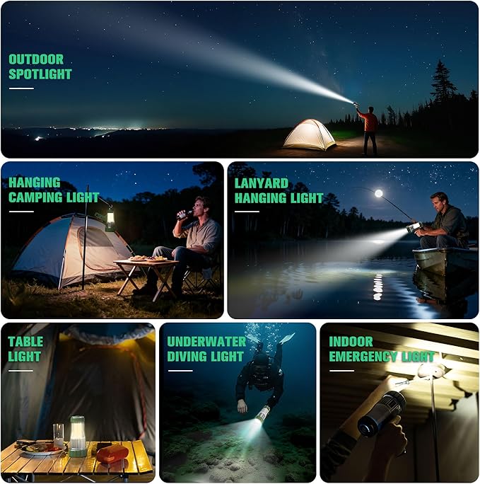 FORTO 3000 Lumens Handheld Spotlight, 1400 Ft Long Range LED Spot Light with 120H Runtime, IPX8 Waterproof Rechargeable Outdoor Flashlight for Camping, Hiking, Emergency, Searchlight (Green-Plus)