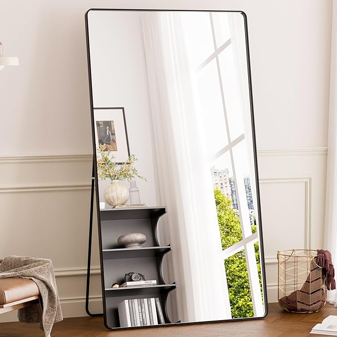 brisafe Full Length Mirror with Stand, 71"x40",Aluminum Alloy Frame Floor Mirror,Tempered Glass - Free Standing, Leaning Against Wall or Wall-Mounted, for Bedroom Living Room Dressing Room(Black)