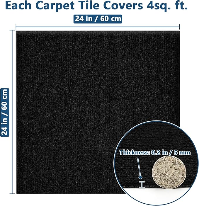 Carpet Tiles Peel and Stick 24” x 24”, Self Adhesive Soft Padded Flooring Stickers, Black Home Decor for Bedroom Living Room Office, 10 Tiles & 40 sq ft per Box