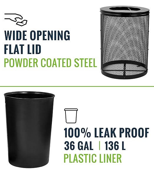 Alpine Outdoor Trash Can 36 Gallon Diamond Steel Commercial Metal Waste Bin with Leak Proof Liner, Heavy Duty Steel Mesh Design, Flat Wide Open Top Lid for Parks, Streets, and Public Spaces-Black