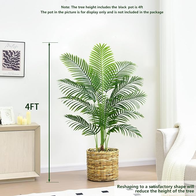 Artificial Fake Palm Tree 4FT Tropical Faux Palm Trees in Pot with 13 Trunks and Real Bark Design Areca Floor Plant Faux Palm Plant for Indoor Outdoor Home Decor