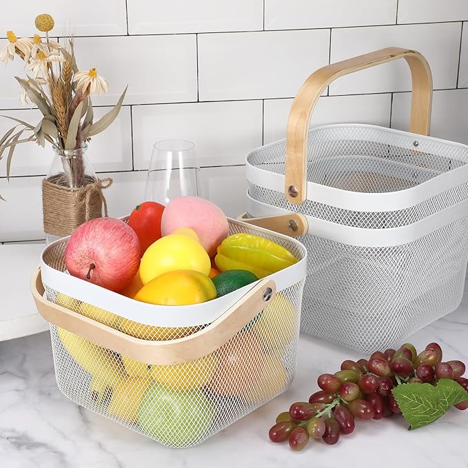 Roshtia 6 Pcs Metal Mesh Steel Basket with Handle, Square Wire Harvest Thanksgiving, Shopping Baskets for Retail Store Christmas Garden Bathroom Kitchen(9.65 x 9.65 x 7.09 Inch,White)