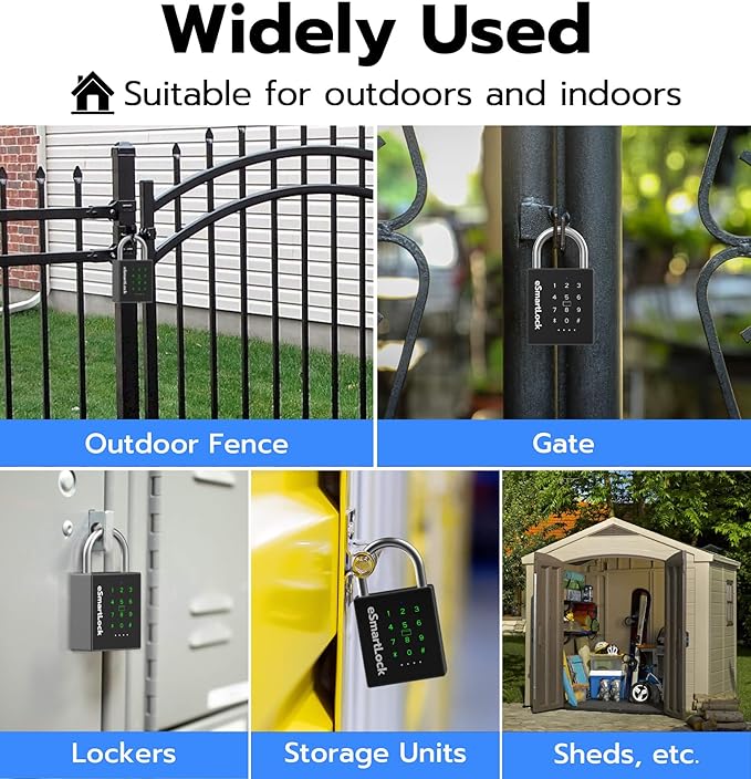 eLinkSmart Heavy Duty Smart Padlock with Key, Pad Lock with Code Keypad, Weatherproof Bluetooth RFID Keyless Electronic Digital Combination Lock for Gate Outdoor Fence Storage Unit Locker Shed Pool