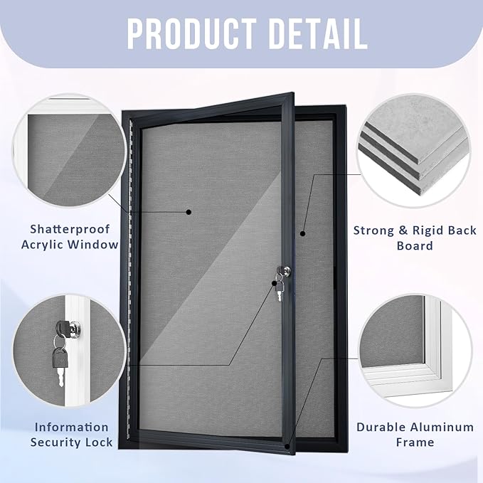 Enclosed Bulletin Board 36"x24" Outdoor Weatherproof Cork Noticeboard with Locking Door Wall-Mounted Gray Fabric Black Aluminium Frame for Home, School, Office, Community, Hospital