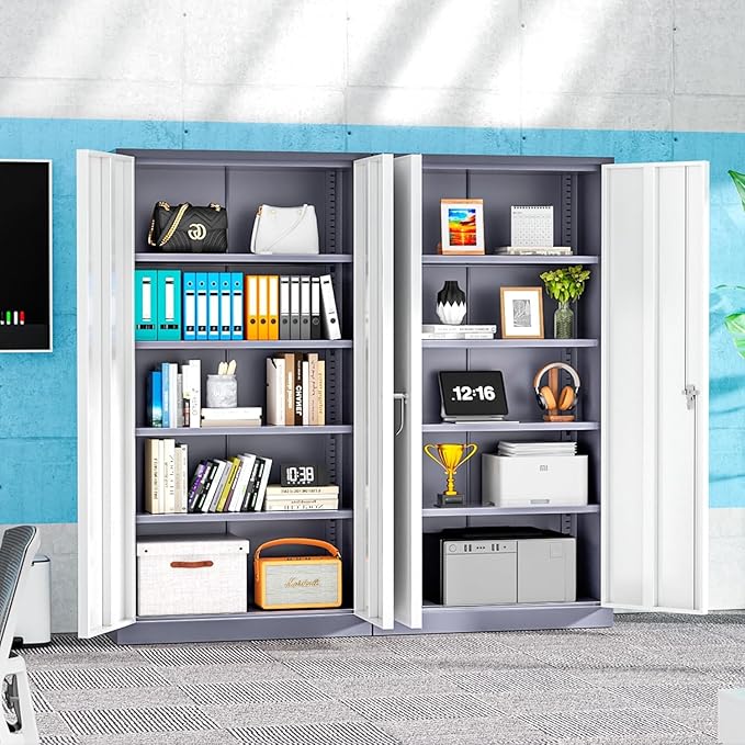 INTERGREAT Storage Cabinet with Doors and Shelves, Metal Garage Storage Cabinets with Lock, Black Lockable Steel Supply Cabinet for Home Office, Warehouse (Grey White)
