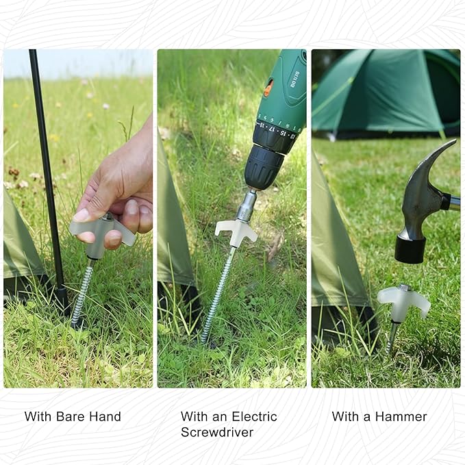 Screw in Tent Stakes Heavy Duty,8 Inch Ground Anchors Screw in,Metal Stakes with Hex Head Driver,Camping Tent Accessories (12, White)