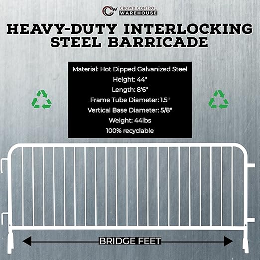 Angry Bull Barricades Metal Interlocking Steel Barricade (8.5 Ft. Heavy Duty, Bridge Feet, White Powder Coated, Set of 10)