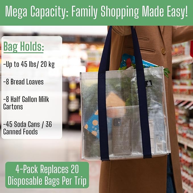 VENO 4 Pack Reusable Grocery Bags, Heavy-Duty Shopping Bags with Handles, Bags for Shopping Cart with Hard Bottom to Stand Upright, Foldable, Multi-Purpose(Clear, 4 Pack)