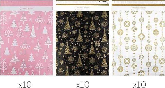 Inspired Mailers - Christmas Poly Mailers 14.5x19 Holiday Variety Pack of 30-10 each: Trees & Snowflakes, Rose Gold Trees, Gold Snowflake Baubles (14.5x19, 30 Pack)