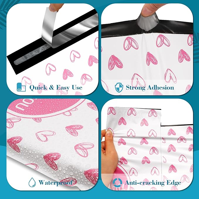 JinRuiKJ Poly Mailers with Handle 14.5x19 Inch 50 Pcs, Easy to Carry Packaging Bags for Small Business, Thank You Shipping Bags with Self Adhesive Strip, Tearproof and Waterproof - Pink Heart