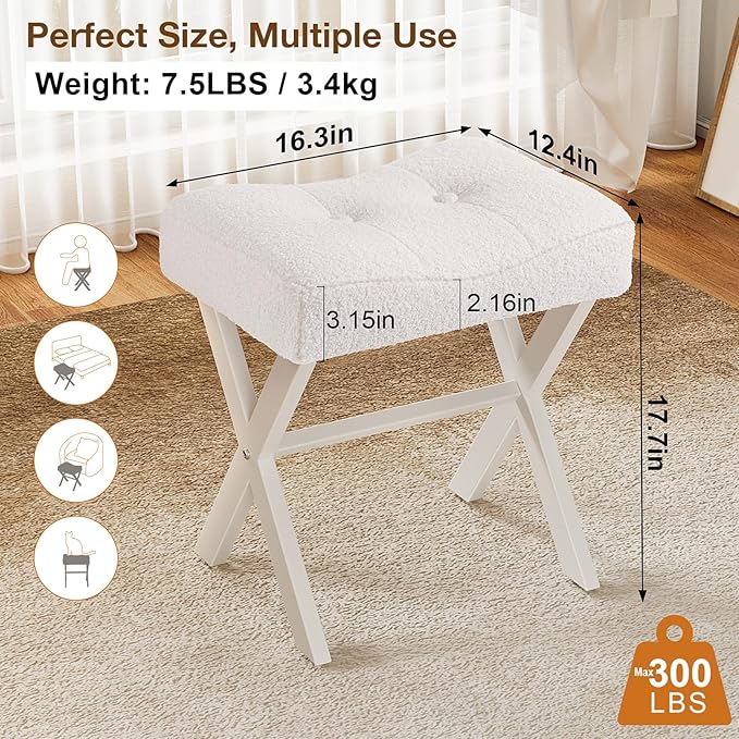 18-Inch Vanity Stool Chair, Vanity Bench with Metal X-Legs, Ottoman Accent Stool with Breathable and Soft Boucle Fabric Saddle Seat, White