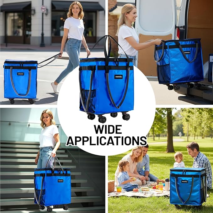 (Large) Fanwoli Reusable Grocery Bag on Wheels with Upgraded Wrinkle-Resistant Fabric | Enhanced Stability Wheels & Extended Handle | Foldable Shopping Trolley for Laundry, Carries Up to 130 L