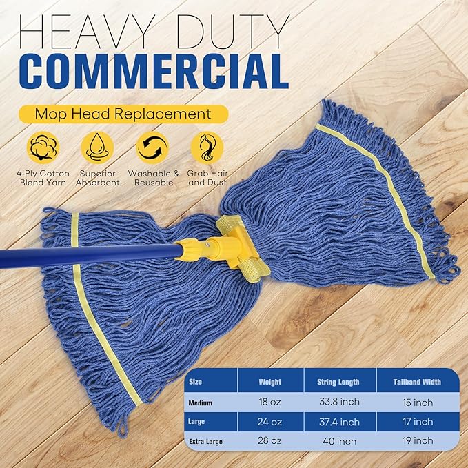 Matthew Cleaning Commercial Mop Head Replacement, 5 Inch Wide Headband, Looped End Cotton Blend String Wet Mops for Floor Cleaning, 24 oz Large, Case Pack 12 Pcs Blue