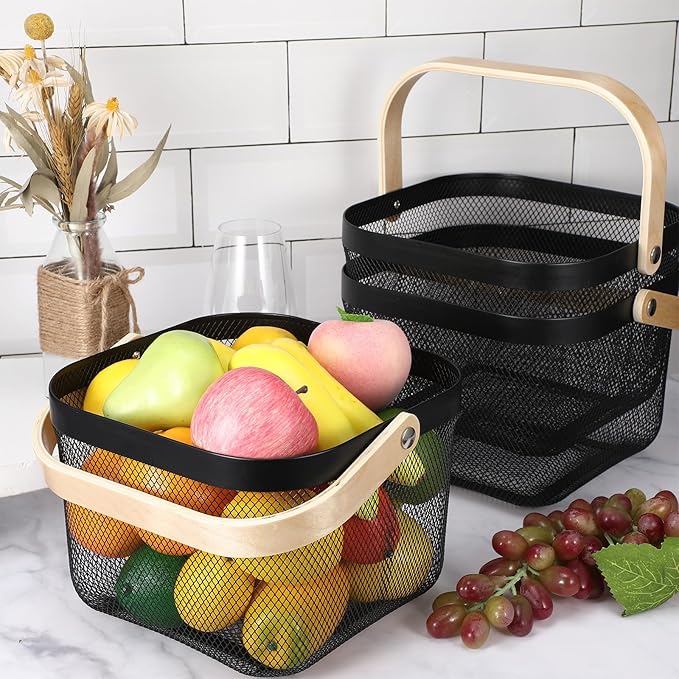 Roshtia 6 Pcs Metal Mesh Steel Basket with Handle, Square Wire Harvest Thanksgiving, Shopping Baskets for Retail Store Christmas Garden Bathroom Kitchen(9.65 x 9.65 x 7.09 Inch,Black)