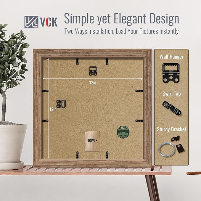 VCK 12x12 Picture Frame 2 Pack - Walnut, High-End Wood Poster Frames with Tempered Glass, Display 8x8 Photo with Mat or 12x12 without Mat, Art Gallery-Quality, Wall Hanging, Walnut