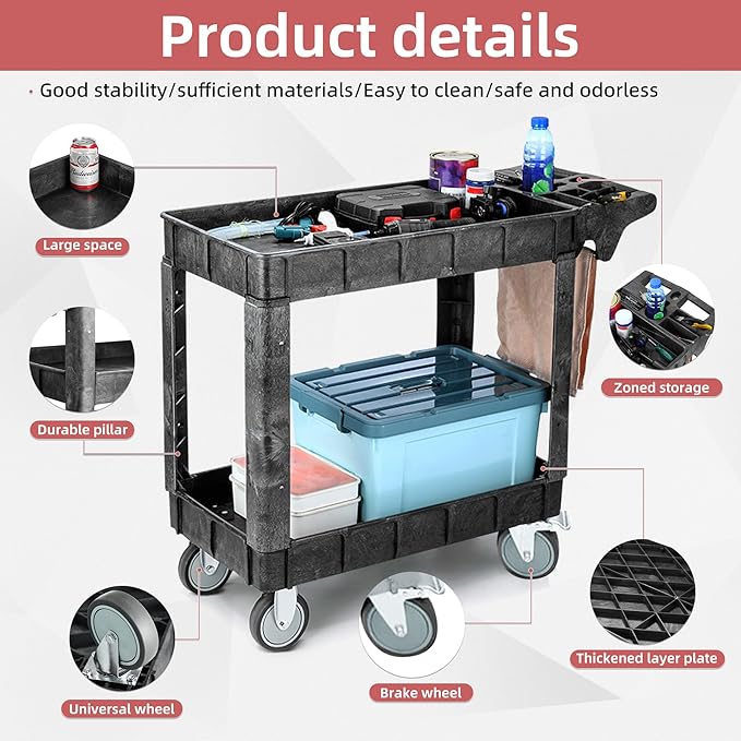 Larger 2 Tier Heavy Duty Utility Service Cart, 550 Capacity Work Cart on Rolling Utility Service Cart for Garden Garage Maintence Transporting (2 Tier, Large)