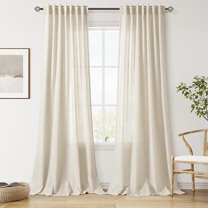 Nanspring Vanilla 102 Inch Long Curtains for Living Room Linen Light Filtering Semi Sheer Curtain Back Tab Modern Farmhouse Decor Floor to Ceiling Coastal Drapes for Bedroom 52x102, 2 Panels