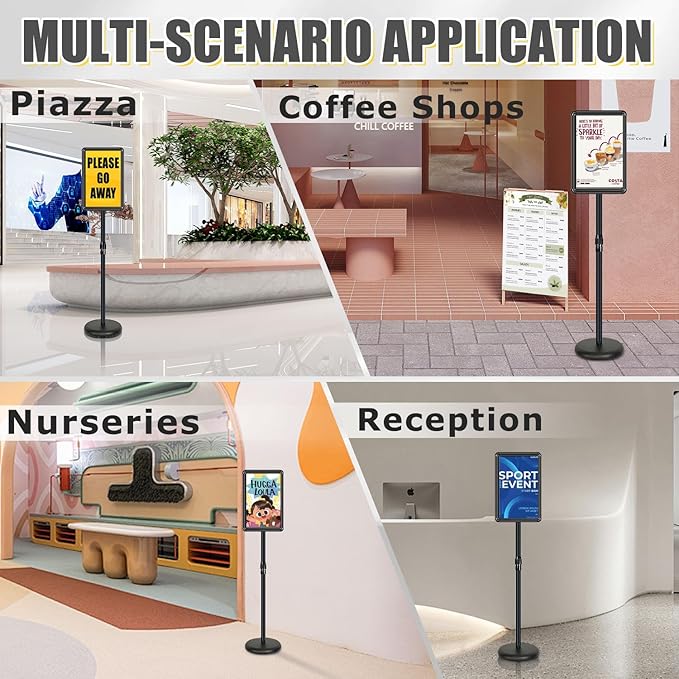 Sign Stand - Standing Sign Holder for 11x17 Inch, Pedestal Poster Sign Stand, Vertical and Horizontal View Displayed, Round Corner Sign Holder for Church School Parties Business Show, Black (2 Pack)