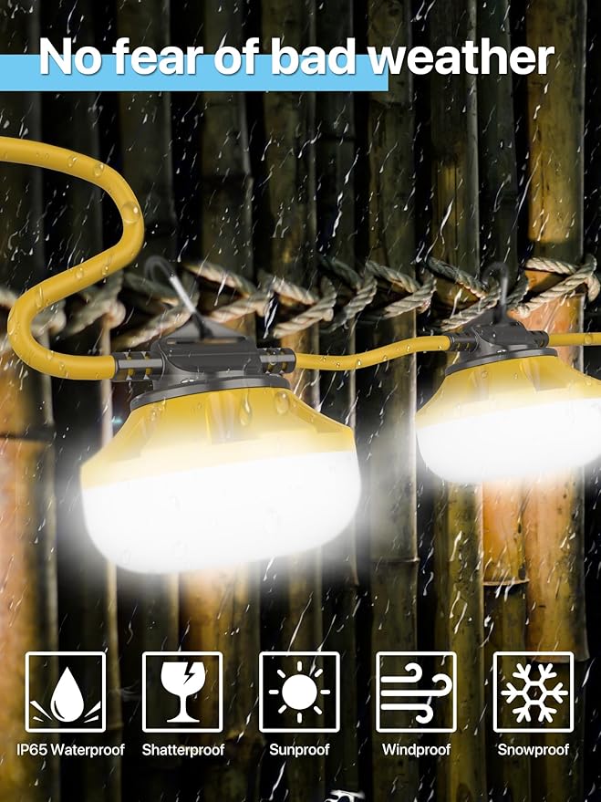 HYPERLITE Construction String Lights: 100FT 10 Bulbs String Work Lights with Climbing Hooks - IP65 Waterproof Linkable LED Construction String Lights for Job Site Attic Renovation Crawlspace Lighting