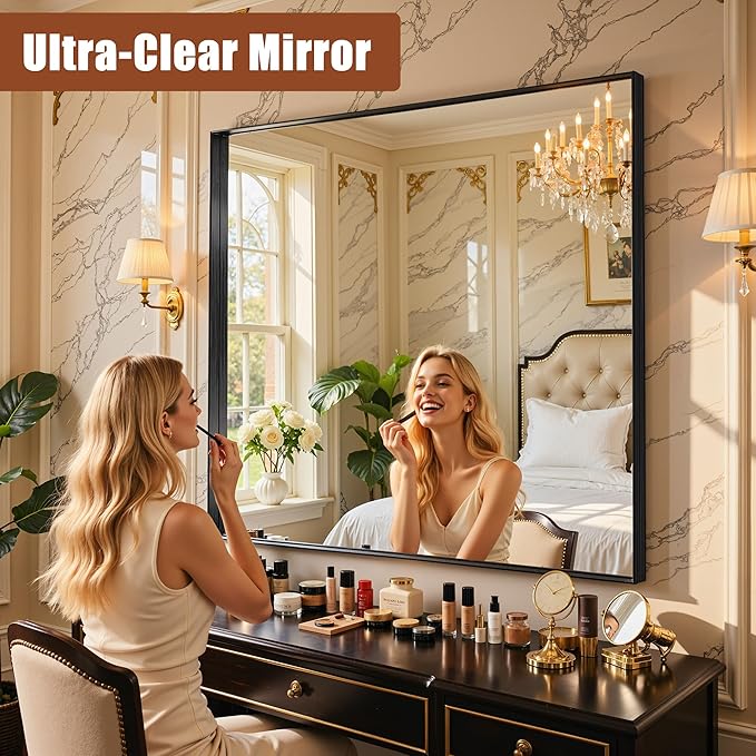 40"x36" Black Framed Bathroom Mirror, Large Rectangular Vanity Mirror, Aluminum Metal Frame, Wall Farmhouse Modern Wall-Mounted Mirrors for Bathroom, Bedroom, Living Room, Over Sink
