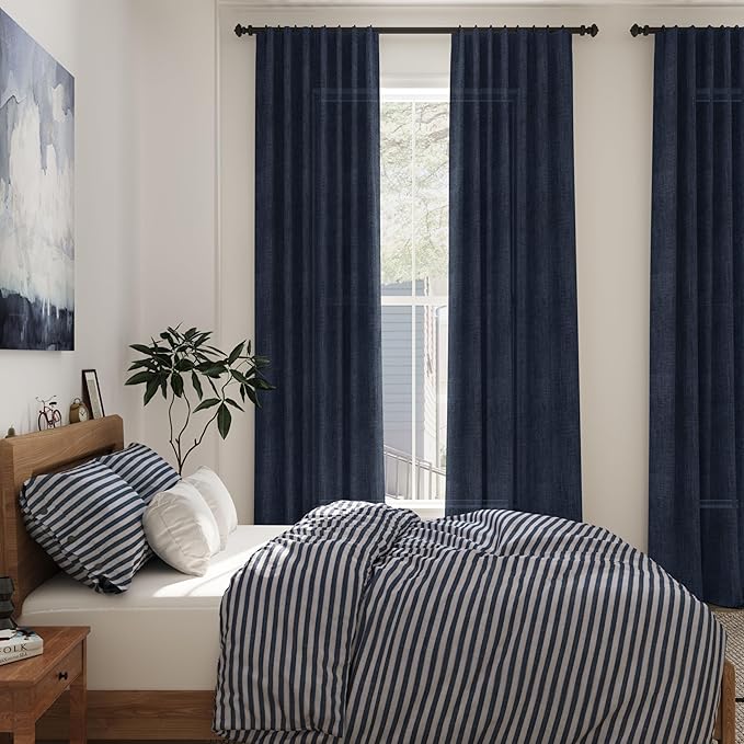 Navy Blue Linen Textured 96 Inch Curtains 2 Panel Set Back Tab Rod Pocket Semi Sheer Boho Room Decor Aesthetic Curtains Indigo Blue Burlap Look Curtain Drapes for Living Room Bedroom 8Ft 40x96 Inch