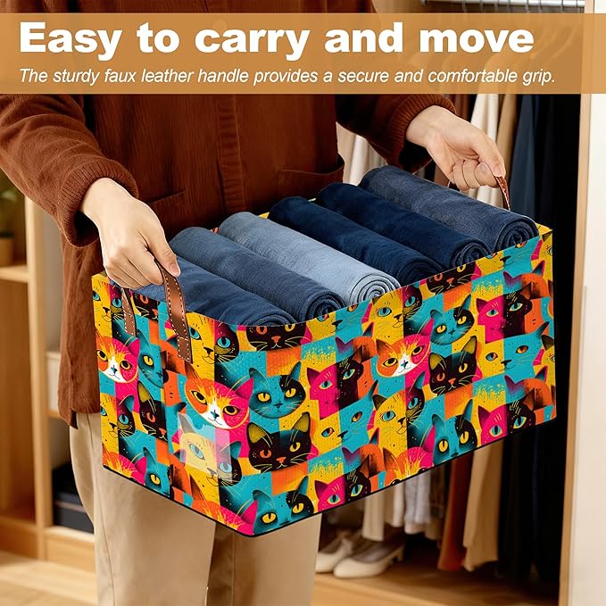 32L Large Storage Bins with Handles, Cute Animal Basket Organizer for Shelves, Closet, Books, Laundry & Home Decor (Abstract Cat)