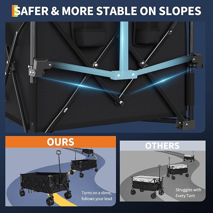 52" Foldable Wagon for Beach with 460lbs Weight Capacity, Heavy Duty 350L Extra Large Collapsible Foldable Wagon for Camping, All Terrain Beach Wagons Extended with Cup Holders for Sand
