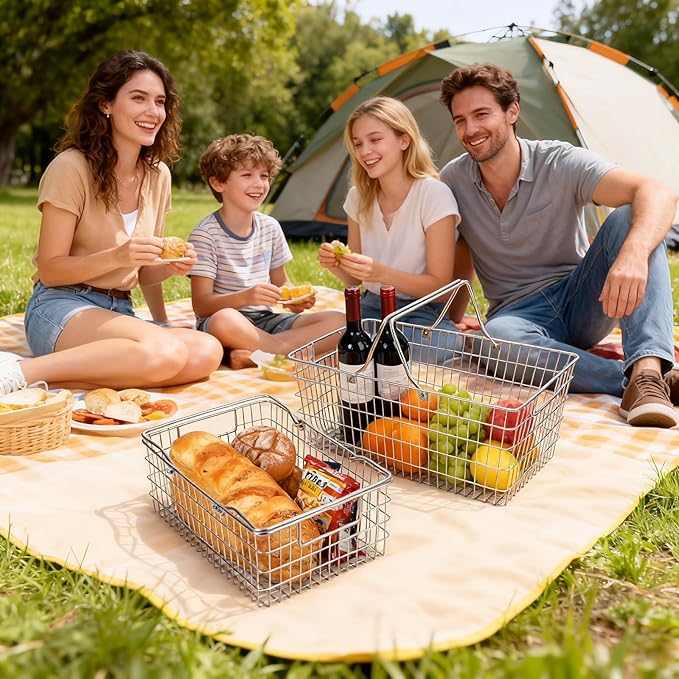 Wire Harvest Basket, Kitchen Organizers and Storage with Foldable Handle - 15.0"x9.8"x6.9" Portable Stainless Steel Picnic Baskets for Gathering Vegetables,Fruits,Kitchen,Garden,Picnic&Shopping (1, L)