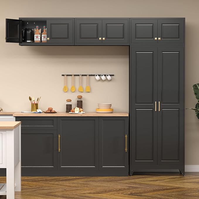 Kitchen Pantry Cabinet, Metal Food Pantry cabinets with Doors and Shelves, 90" Tall Storage Cabinet for Dining, Living Room, Black, 16" D x 32" W x 90" H, Assembly Required