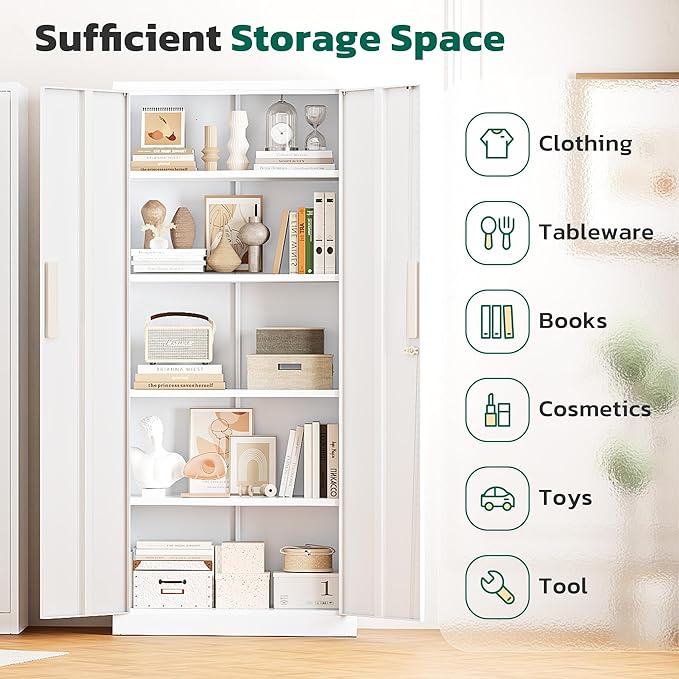 Greenvelly Metal Storage Cabinet, 63" H Locking Metal Storage Cabinet with Doors and 4 Shelves, Lockable Steel Cabinets for Kitchen, Bedroom, Living Room, Office (White)