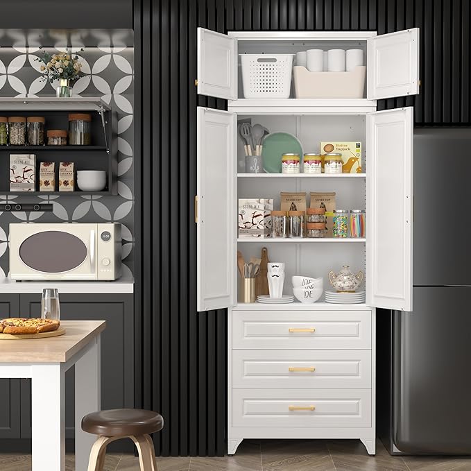 90" Kitchen Pantry Cabinet with 3 Drawer,Metal Storage Cabinets with Doors and 4 Adjustable Shelves,White Kitchen Cabinet with 2 Gold Handles,Food Cupboard for Livingroom,Pantry, Bathroom