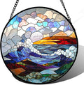 Stained Glass Window Hanging, Abstract Colorful Ocean Waves Landscape Suncatcher for Doors Window Home Sun Catchers Decor Mother's Day Birthday Gifts for Women, Men Mom 7.8 in