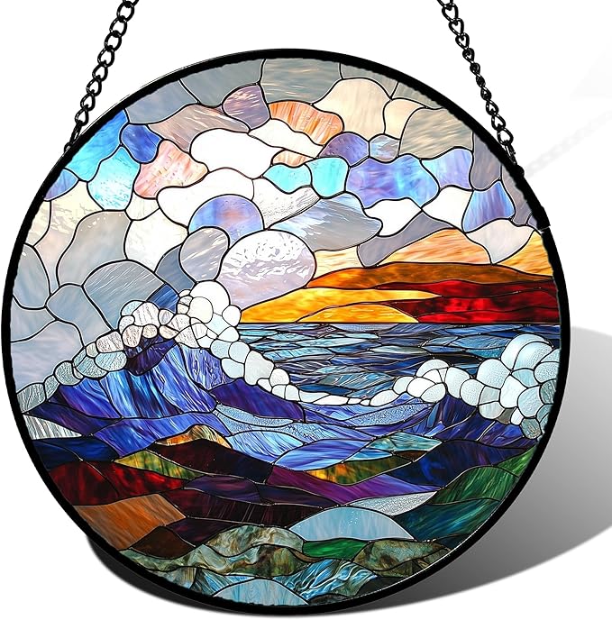 Stained Glass Window Hanging, Abstract Colorful Ocean Waves Landscape Suncatcher for Doors Window Home Sun Catchers Decor Mother's Day Birthday Gifts for Women, Men Mom 11.8 in