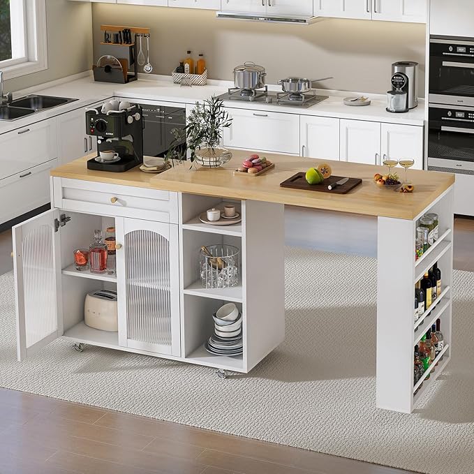 LYNCOHOME Rolling Kitchen Island with 360° Rotating Tabletop, Mobile Lockable Wheels & Adjustable Shelves, Multifunctional Storage Cart for Kitchen & Dining（White）
