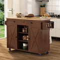 HLR Kitchen Island On Wheels, Brown Rolling Kitchen Island Cart with Solid Wood Drop Leaf Breakfast Bar, Barn Door Kitchen Islands with Storage Cabinet and Tower Rack, Island Table for Kitchen