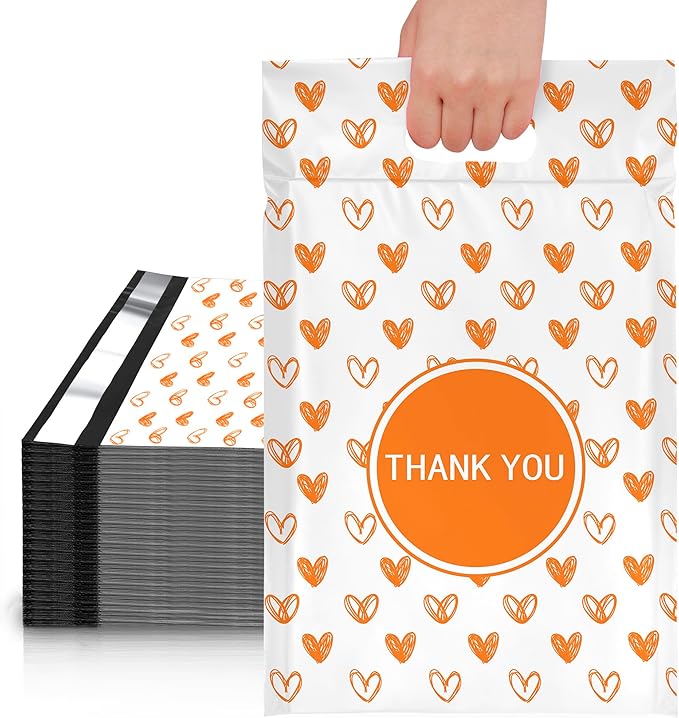 JinRuiKJ Poly Mailers with Handle 10x13 Inch 25 Pcs, Easy to Carry Packaging Bags for Small Business, Thank You Shipping Bags with Self Adhesive Strip, Tearproof and Waterproof - Yellow heart