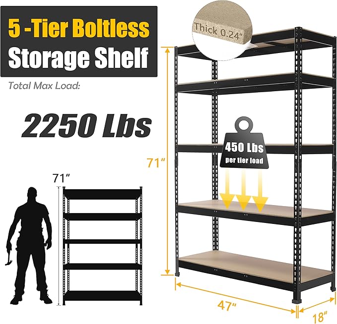 PrimeZone 10 Pack Heavy Duty Storage Shelves - 47" W x 18" D x 71" H 5 Tier Adjustable Garage Storage Shelving, Metal Storage Utility Rack Shelf Unit for Warehouse Pantry Closet Kitchen, Black
