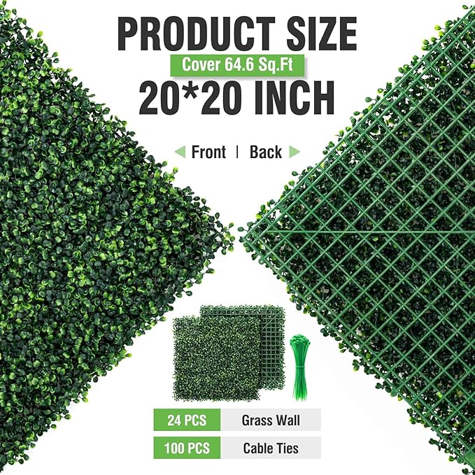 KASZOO Grass Wall 24 Pack 20"x20" Artificial Boxwood Hedge Wall Panels, Privacy Hedge Screen Faux Boxwood for Outdoor,Indoor,Garden,Fence,Backyard,Greenery Walls