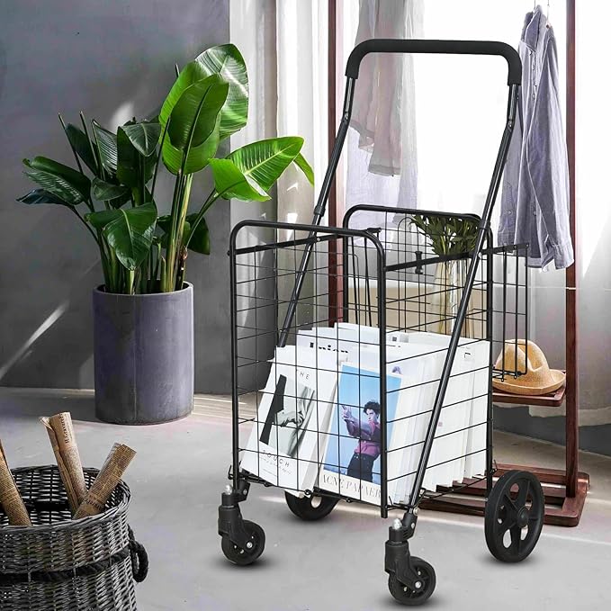 siffler Shopping Cart for Groceries, Height Adjustable Folding Utility Cart with Double Baskets, Extended Foam Cover 360° Swivel Wheels Trolley for Groceries, Laundry, Travel (Medium)