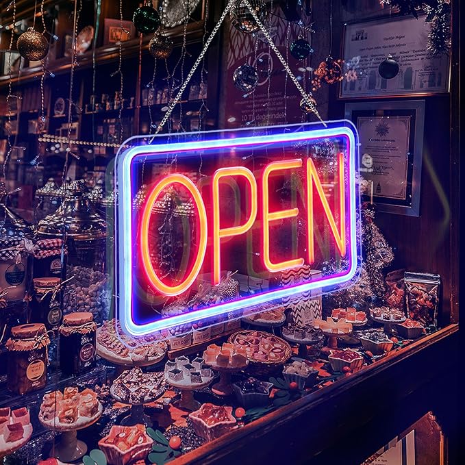 Open Signs for Business,Neon Open Sign Led,16.5"x 9",with Open/Closed Bussiness Hour Sign Set,Light for Bar Coffee Salon Store Window,12V/2A Adapter with ON/OFF Switch (Blue/Red Horizontal)
