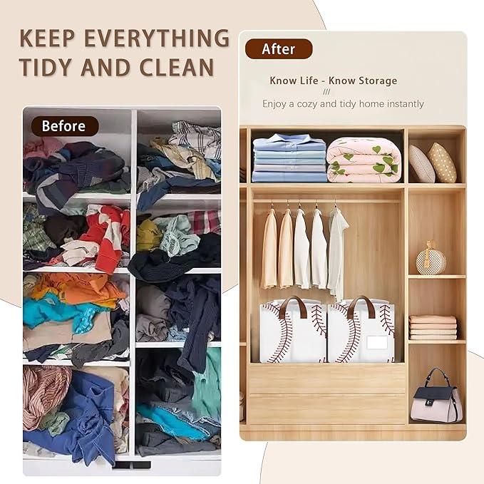 Baseball Texture Storage Basket Large 17x11.5x10.5 Inche-Collapsible Fabric Organizer Bin with Handles for Sports Gear,Toys,Laundry-Foldable Decorative Hamper with Stitched Leather Design-Single Pack