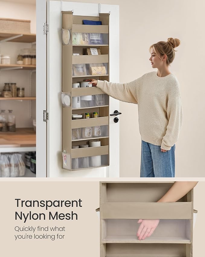 SONGMICS Over The Door Organizer, Hanging Door Organizer with 5 Large Pockets, 5-Tier Fabric Storage, Transparent Nylon Mesh, Foldable, Metal Hooks, with Side Pouches, Summer Sand URDH007Y01