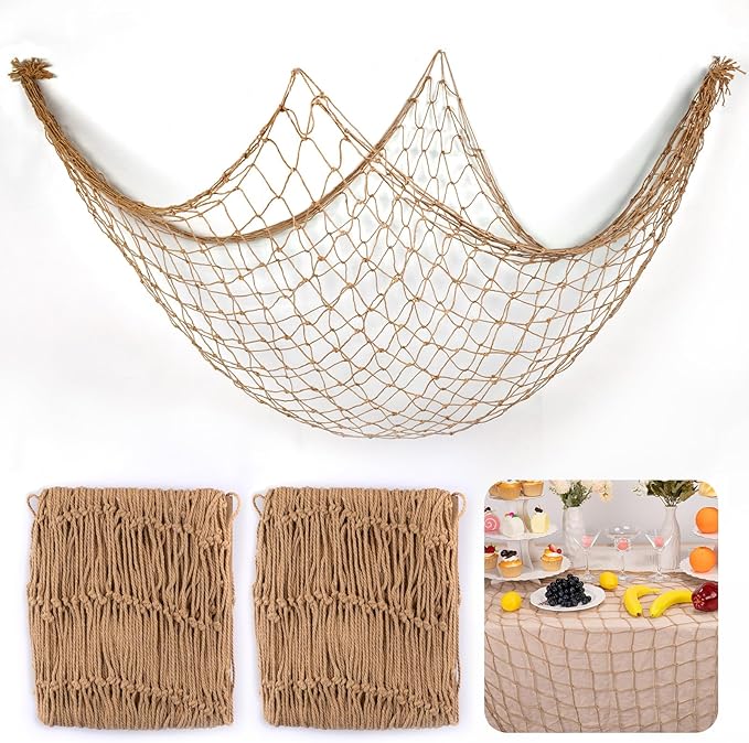 2 Pcs Fish Net Decorations, 39x78 Inch Cotton Nautical Themed Fishing Net, Wall Hanging Photo Display Fishnet for Coastal Bedroom Bathroom, Pirate Hawaiian Beach Under The Sea Party Decor,Linen Color