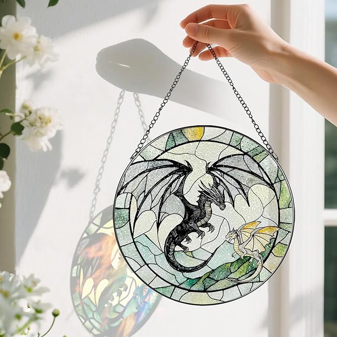Stained Glass Window Hanging, Pauyadu 8 Inch Dragon Suncatcher Ornament, Stained Glass Suncatcher, Window Decor, Dragon Lovers Gifts, Gifts for Women, Men, and Friends