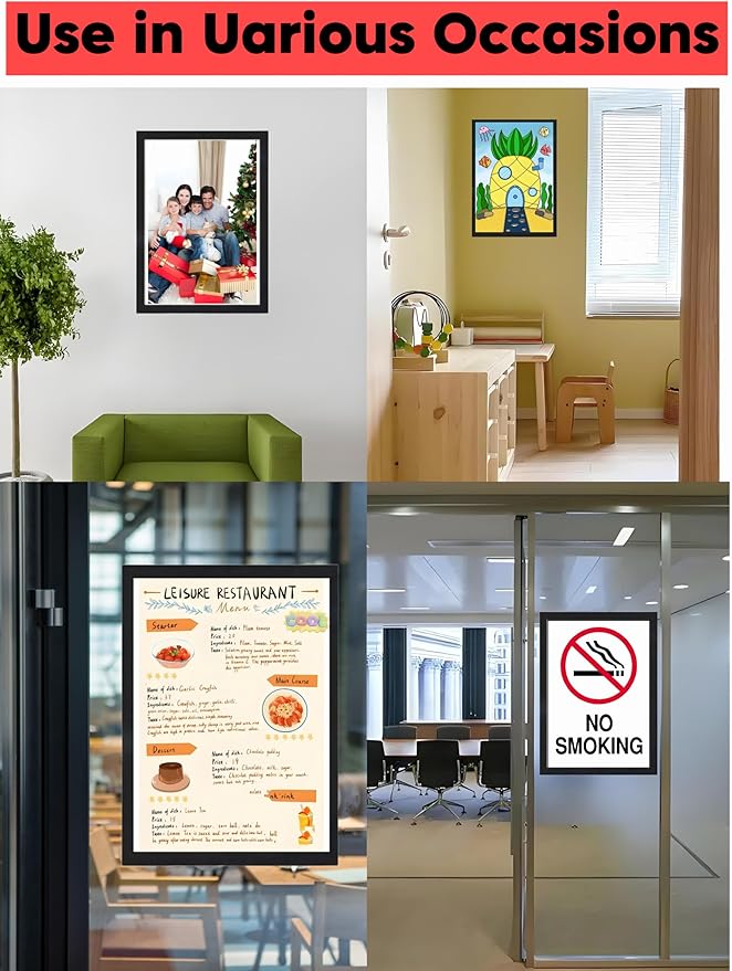 Magnetic Sign Holder 8.5 x 11 Wall Mount, Self Adhesive Display Picture Frames with Strong Magnetic Border and Clear PVC, Document Poster Paper Holder for Home Office Store (16 Pack, Black, 8.5X11)