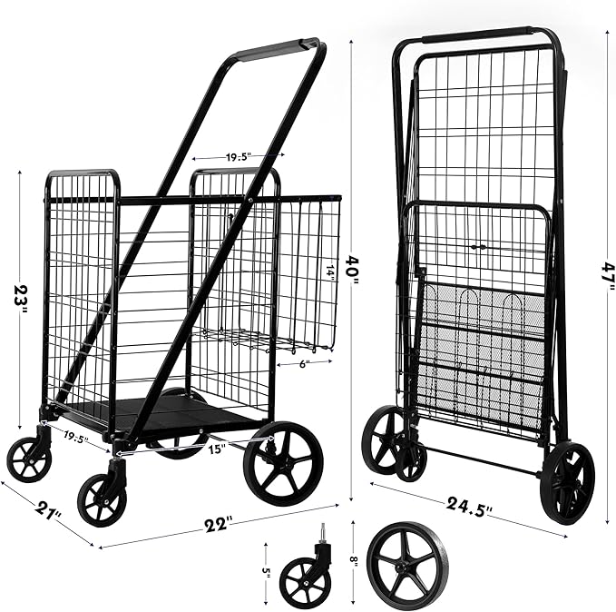 Folding Shopping Cart, Grocery Cart, 450 Lb Capacity, Utility Cart with 360° Rolling Swivel Wheels, Extra Large & Extra Basket