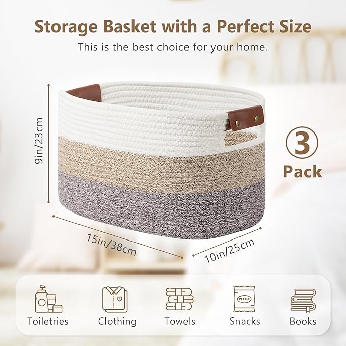 Cotton Rope Basket, Storage Baskets with Handle, 15x10x9 Inch Woven Basket for Shelves, Laundry, Towels, Clothes, Books (Gradient Brown 3 Pack)