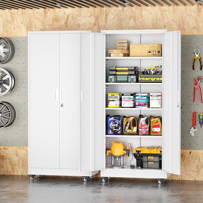 INTERGREAT Metal Storage Cabinet with Wheels, 73" Garage Storage Cabinet with Door and 4 Shelves, Tool Cabinet on Caster for Home, Office, White