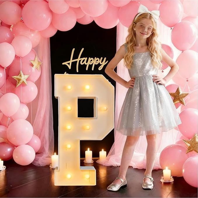3FT/36 Inch Marquee Light up letters with Warm Lights,White Marquee letter A-Z for Birthday Party Large Mosaic Frame Letter Cardboard Pre-Cut Foam Board Sign Diy Decorations Anniversary (P)
