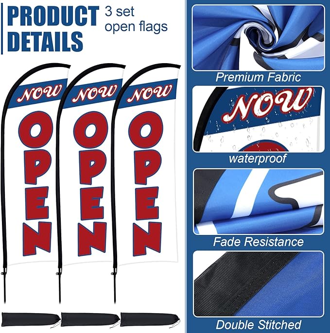 Buryeah 3 Sets Now Open Feather Flag Pole Kit for Business Advertising 7 ft Open Flag Banner Sign with Pole Kit Ground Stake and Portable Bag for Outside Ground (White and Blue)